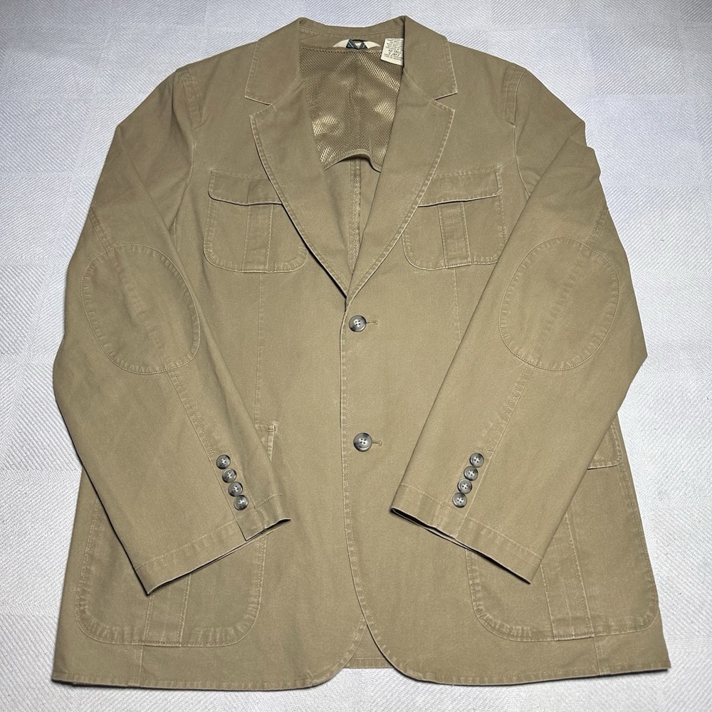 LL Bean Blazer Safari Jacket Mens 42 Tall Khaki Chore Coat Utility Elbow Patch
